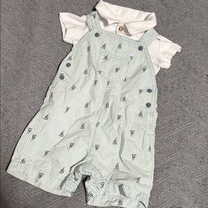 Carter's Mint Green & White Striped Sailboat Shortalls with White Polo